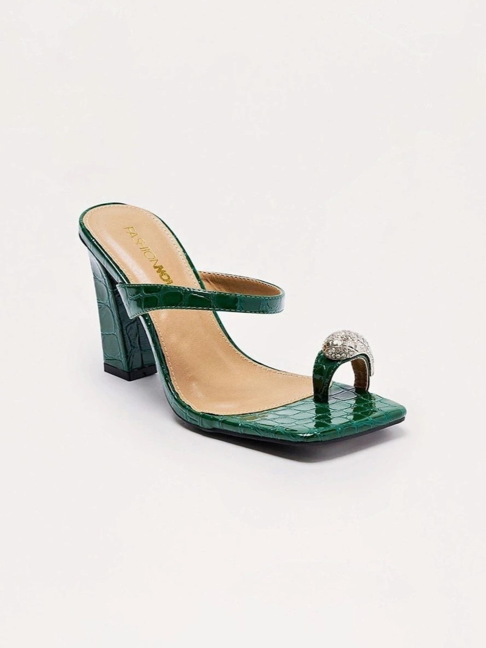 Fashion Nova Drip Rhinestone Toe Ring Mules Green Heels Size 7